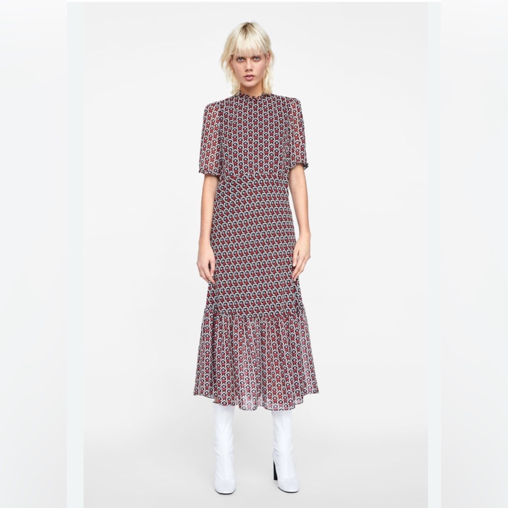 NWOT- Zara Red Ruffled Tiered Midi Dress for Wedding Guest